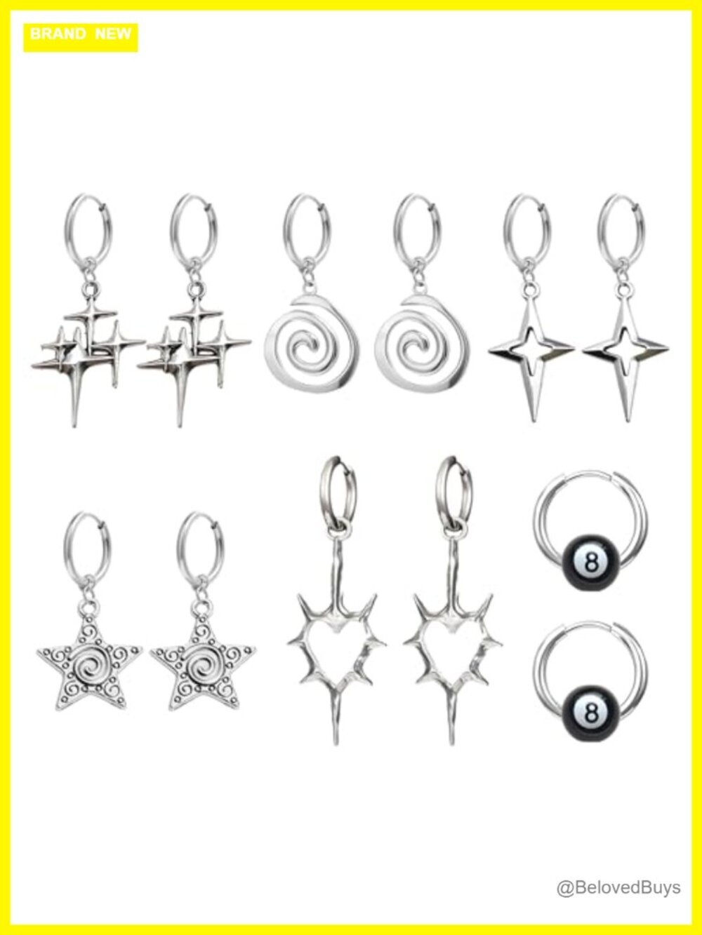 6 Pairs Gothic Y2K Spike Star Hoop Earrings Stainless Steel Snap Back